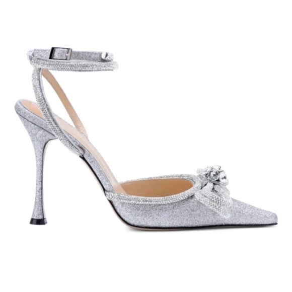 NIB MACH & MACH Double Bow Crystal Glittered Silver Pointed Toe Pump Size 38.5 - Picture 1 of 16